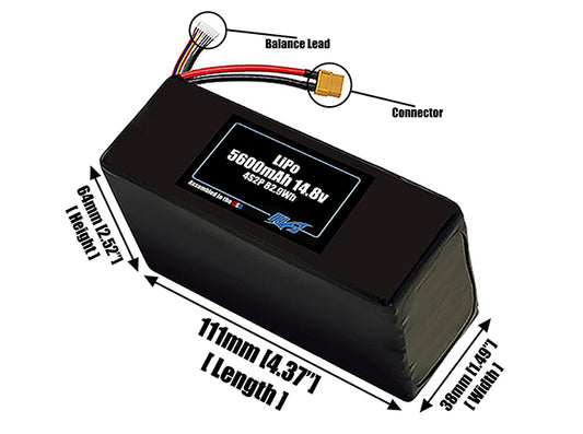 Size reference photo of the 5600mAh 14.8V LiPo pack showing 111 mm by 38 mm by 64 mm dimensions ideal for drones or robotic systems where space matters.