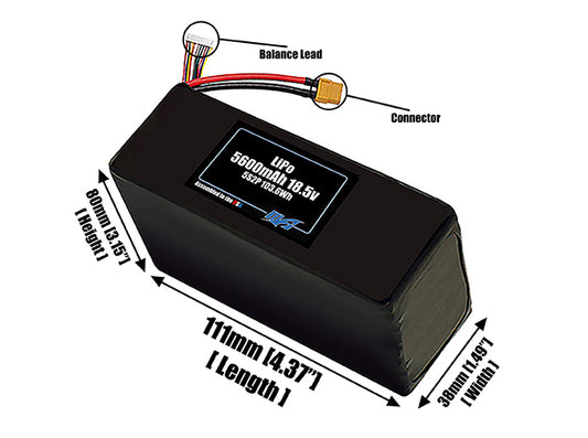 Size reference photo of the 5600mAh 18.5V LiPo pack showing 111 mm by 38 mm by 80 mm dimensions ideal for drones or robotic systems where space matters.
