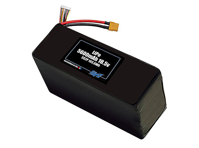 Compact 18.5-volt 5600mAh lithium-polymer battery, built for lightweight drone, UAV, and robotics projects.