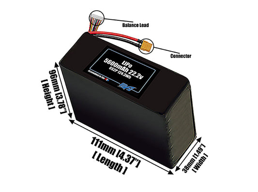 Size reference photo of the 5600mAh 22.2V LiPo pack showing 111 mm by 38 mm by 96 mm dimensions ideal for drones or robotic systems where space matters.