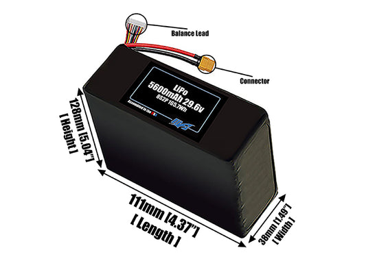 Size reference photo of the 5600mAh 29.6V LiPo pack showing 111 mm by 38 mm by 128 mm dimensions ideal for drones or robotic systems where space matters.