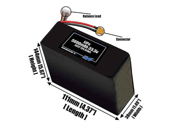 Size reference photo of the 5600mAh 33.3V LiPo pack showing 111 mm by 38 mm by 144 mm dimensions ideal for drones or robotic systems where space matters.