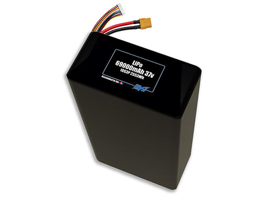 Compact 37-volt 69000mAh lithium-polymer battery, built for lightweight drone, UAV, and robotics projects.