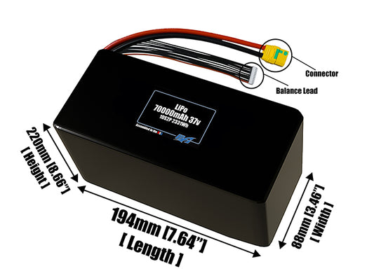 Size reference photo of the 70000mAh 40.7V LiPo pack showing 194 mm by 88 mm by 220 mm dimensions ideal for drones or large robotic systems where space matters.