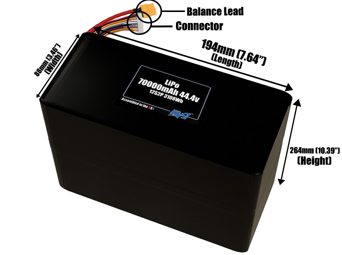 Size reference photo of the 70000mAh 44.4V LiPo pack showing 194 mm by 88 mm by 264 mm dimensions ideal for drones or large robotic systems where space matters.