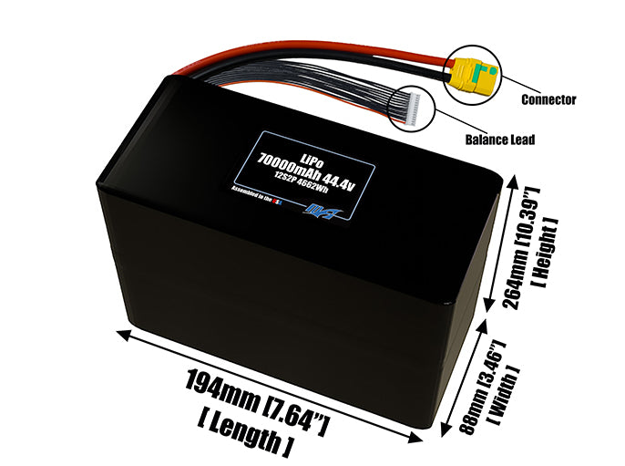 Size reference photo of the 70000mAh 44.4V LiPo pack showing 194 mm by 88 mm by 264 mm dimensions ideal for drones or large robotic systems where space matters.