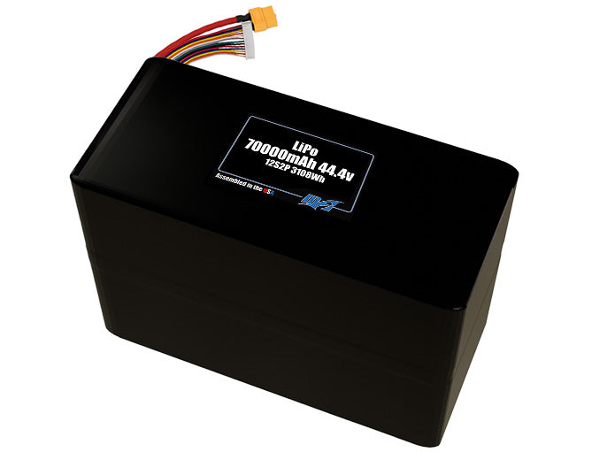 Compact 44.4-volt 70000mAh lithium-polymer battery, built for lightweight drone, UAV, and robotics projects.