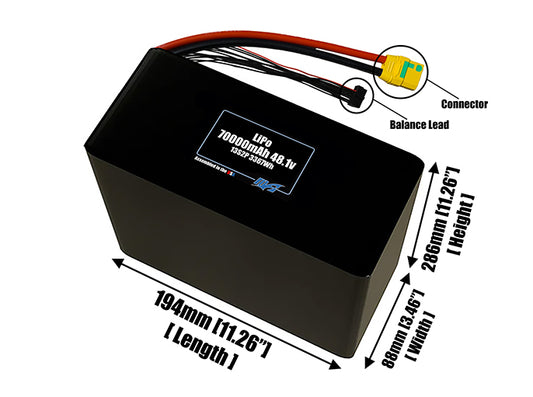 Size reference photo of the 70000mAh 48.1V LiPo pack showing 194 mm by 88 mm by 286 mm dimensions ideal for drones or large robotic systems where space matters.