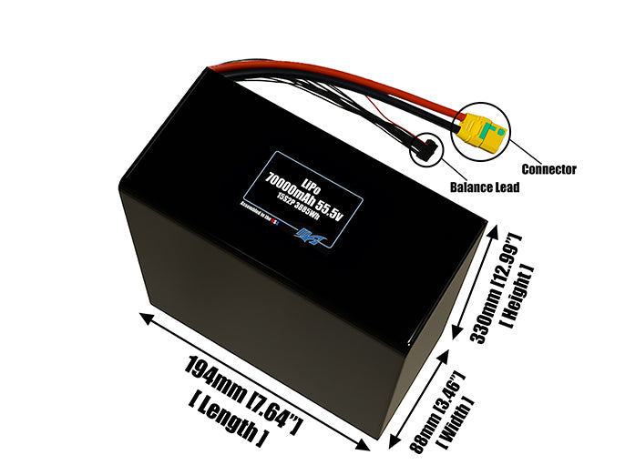 Size reference photo of the 70000mAh 55.5V LiPo pack showing 194 mm by 88 mm by 330 mm dimensions ideal for drones or large robotic systems where space matters.
