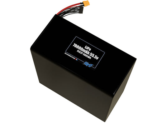Compact 55.5-volt 70000mAh lithium-polymer battery, built for lightweight drone, UAV, and robotics projects.