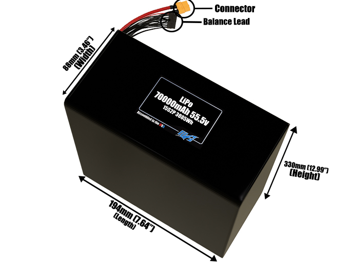 Size reference photo of the 70000mAh 55.5V LiPo pack showing 194 mm by 88 mm by 330 mm dimensions ideal for drones or large robotic systems where space matters.