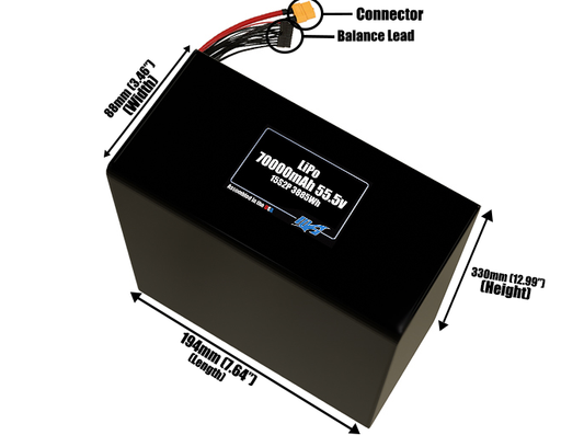 Size reference photo of the 70000mAh 55.5V LiPo pack showing 194 mm by 88 mm by 330 mm dimensions ideal for drones or large robotic systems where space matters.