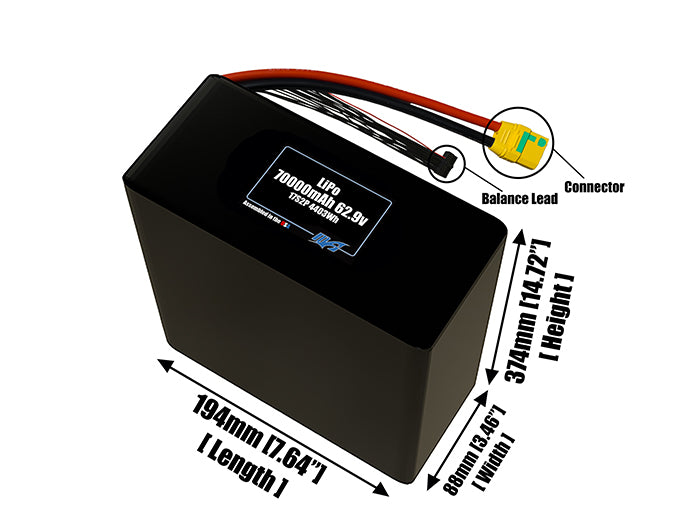 Size reference photo of the 70000mAh 62.9V LiPo pack showing 194 mm by 88 mm by 374 mm dimensions ideal for drones or large robotic systems where space matters.