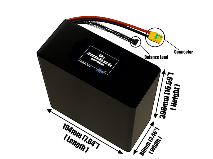 Size reference photo of the 70000mAh 66.6V LiPo pack showing 194 mm by 88 mm by 396 mm dimensions ideal for drones or large robotic systems where space matters.