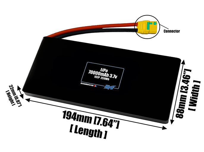 Size reference photo of the 70000mAh 3.7V LiPo pack showing 194 mm by 88 mm by 8 mm dimensions ideal for drones or large robotic systems where space matters.
