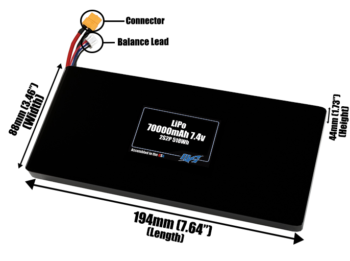 Size reference photo of the 70000mAh 7.4V LiPo pack showing 194 mm by 88 mm by 44 mm dimensions ideal for drones or large robotic systems where space matters.