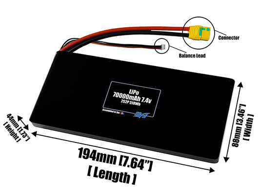 Size reference photo of the 70000mAh 7.4V LiPo pack showing 194 mm by 88 mm by 44 mm dimensions ideal for drones or large robotic systems where space matters.
