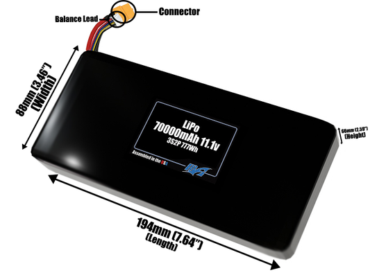 Size reference photo of the 70000mAh 11.1V LiPo pack showing 194 mm by 88 mm by 66 mm dimensions ideal for drones or large robotic systems where space matters.