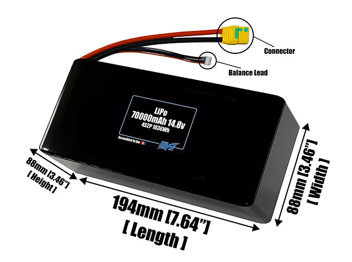 Size reference photo of the 70000mAh 14.8V LiPo pack showing 194 mm by 88 mm by 88 mm dimensions ideal for drones or large robotic systems where space matters.
