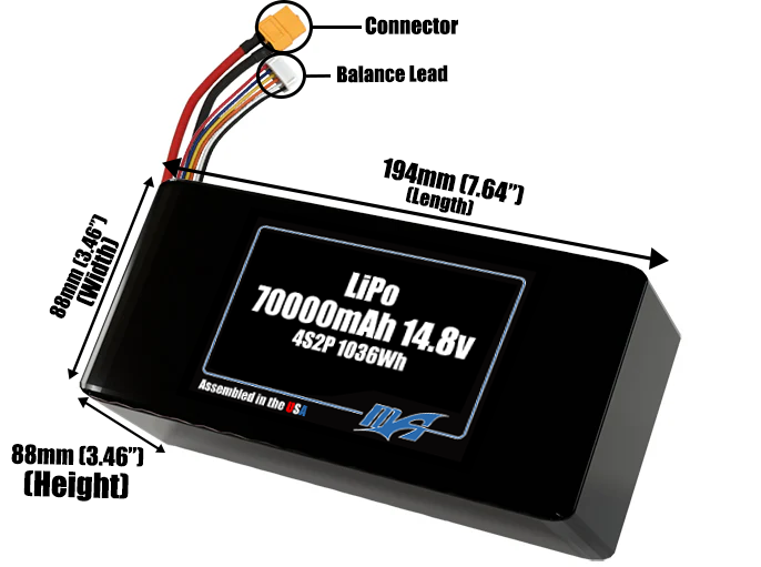 Size reference photo of the 70000mAh 14.8V LiPo pack showing 194 mm by 88 mm by 88 mm dimensions ideal for drones or large robotic systems where space matters.