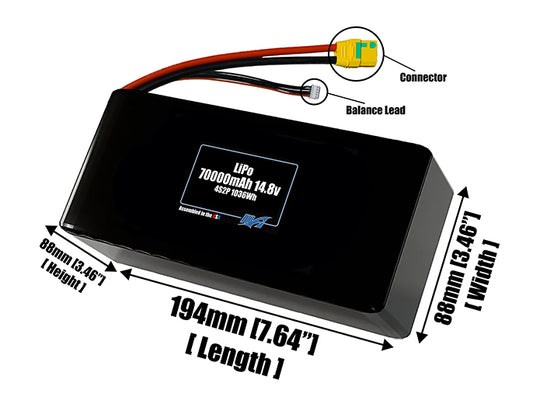 Size reference photo of the 70000mAh 14.8V LiPo pack showing 194 mm by 88 mm by 88 mm dimensions ideal for drones or large robotic systems where space matters.
