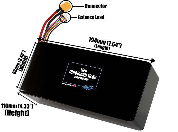 Size reference photo of the 70000mAh 18.5V LiPo pack showing 194 mm by 88 mm by 110 mm dimensions ideal for drones or large robotic systems where space matters.