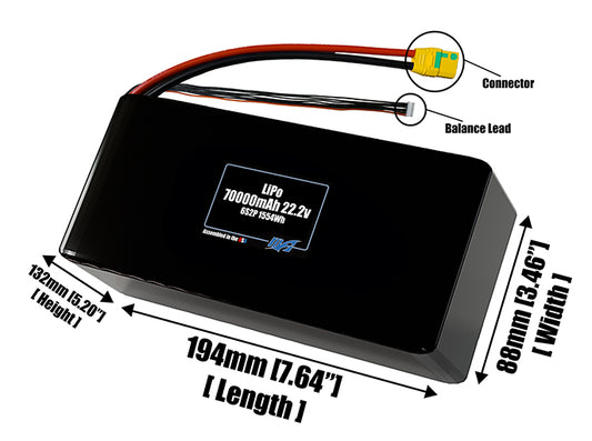 Size reference photo of the 70000mAh 22.2V LiPo pack showing 194 mm by 88 mm by 132 mm dimensions ideal for drones or large robotic systems where space matters.