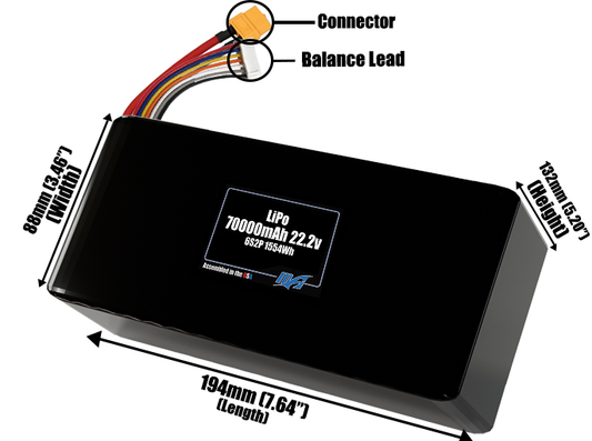 Size reference photo of the 70000mAh 22.2V LiPo pack showing 194 mm by 88 mm by 132 mm dimensions ideal for drones or large robotic systems where space matters.