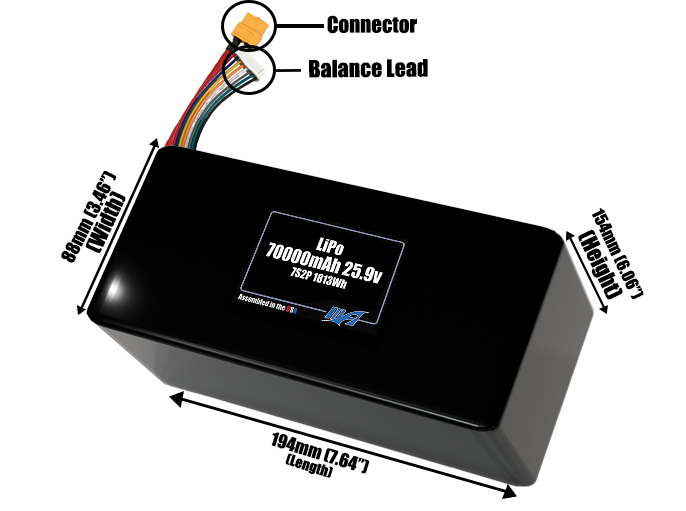 Size reference photo of the 70000mAh 25.9V LiPo pack showing 194 mm by 88 mm by 154 mm dimensions ideal for drones or large robotic systems where space matters.