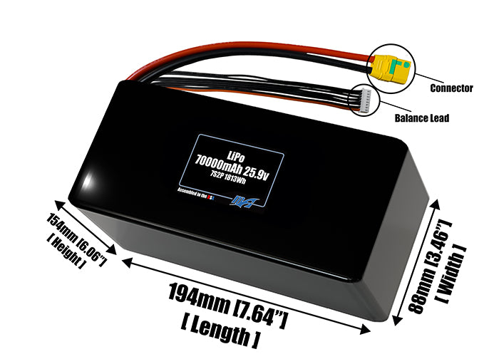 Size reference photo of the 70000mAh 25.9V LiPo pack showing 194 mm by 88 mm by 154 mm dimensions ideal for drones or large robotic systems where space matters.