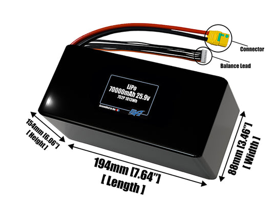 Size reference photo of the 70000mAh 25.9V LiPo pack showing 194 mm by 88 mm by 154 mm dimensions ideal for drones or large robotic systems where space matters.