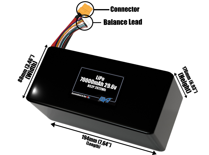 Size reference photo of the 70000mAh 33.3V LiPo pack showing 194 mm by 88 mm by 176 mm dimensions ideal for drones or large robotic systems where space matters.