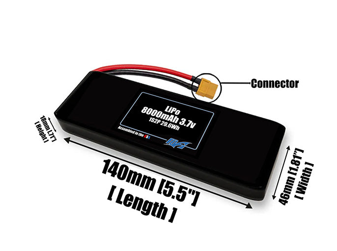 Size reference photo of the 8000mAh 3.7V LiPo pack showing 140 mm by 46 mm by 18 mm dimensions ideal for drones or robotic systems where space matters.