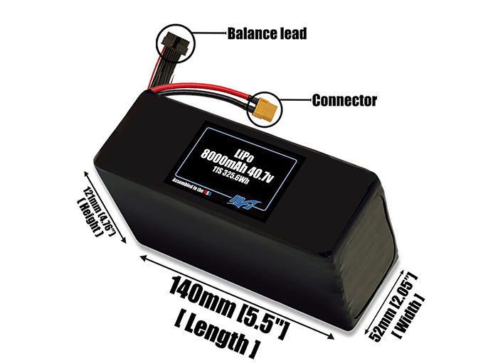 Size reference photo of the 8000mAh lite 40.7V LiPo pack showing 140 mm by 52 mm by 121 mm dimensions ideal for drones or robotic systems where space matters.