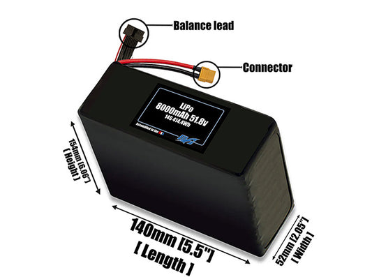 Size reference photo of the 8000mAh lite 51.8V LiPo pack showing 140 mm by 52 mm by 154 mm dimensions ideal for drones or robotic systems where space matters.