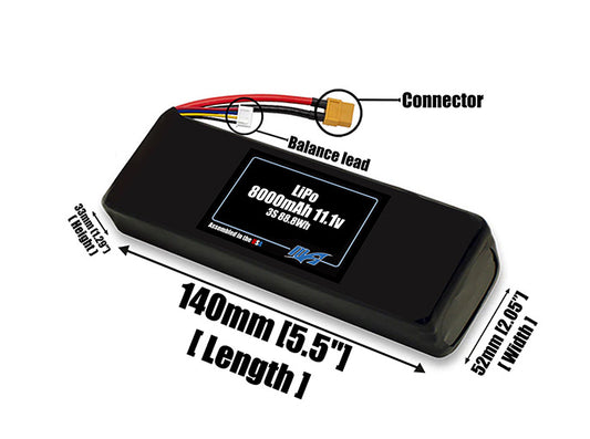 Size reference photo of the 8000mAh lite 11.1V LiPo pack showing 140 mm by 52 mm by 33 mm dimensions ideal for drones or robotic systems where space matters.