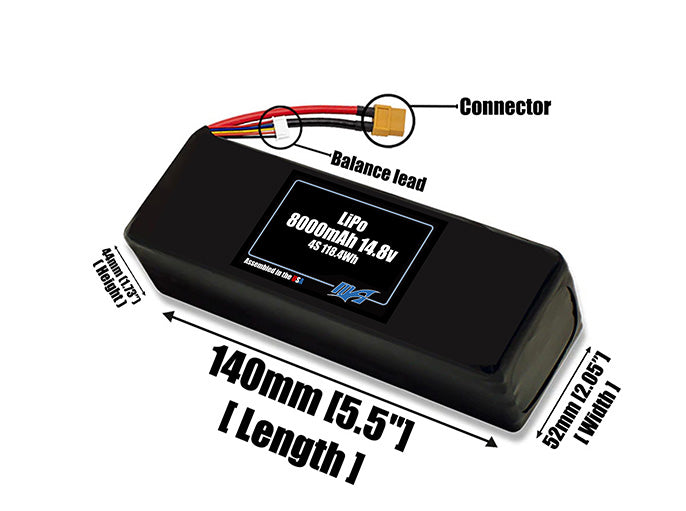 Size reference photo of the 8000mAh lite 14.8V LiPo pack showing 140 mm by 52 mm by 44 mm dimensions ideal for drones or robotic systems where space matters.