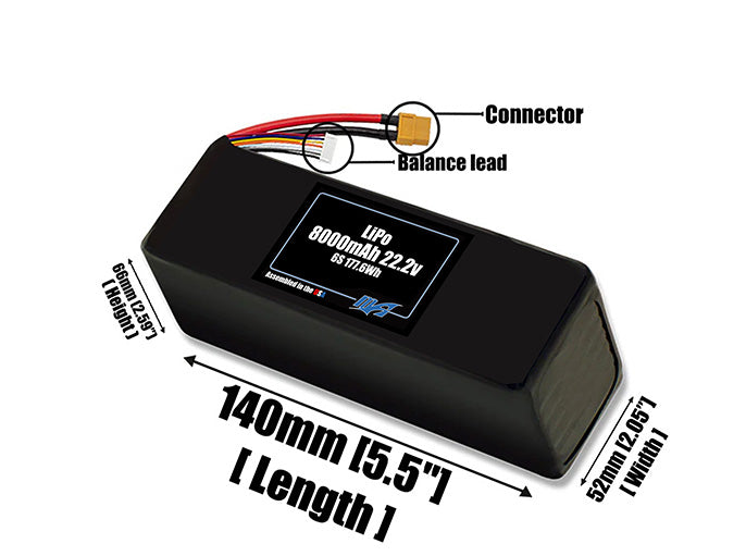 Size reference photo of the 8000mAh lite 22.2V LiPo pack showing 140 mm by 52 mm by 66 mm dimensions ideal for drones or robotic systems where space matters.