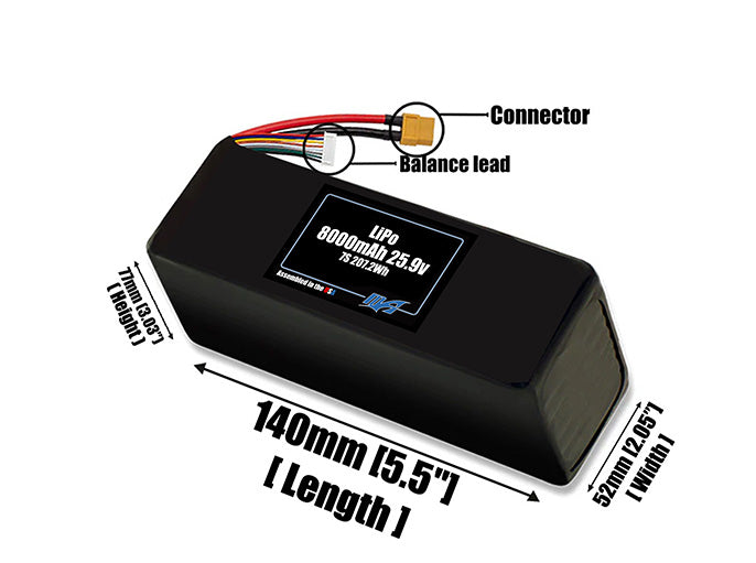 Size reference photo of the 8000mAh lite 25.9V LiPo pack showing 140 mm by 52 mm by 77 mm dimensions ideal for drones or robotic systems where space matters.
