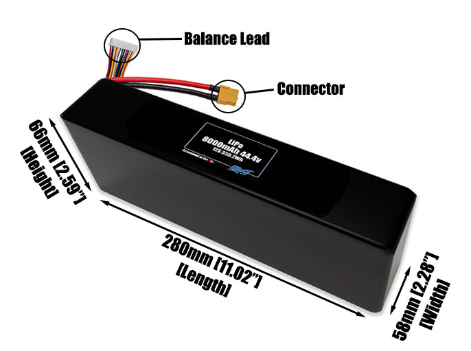 Size reference photo of the 8000mAh 44.4V ETE LiPo pack showing 280 mm by 58 mm by 66 mm dimensions ideal for drones or large robotic systems where space matters.