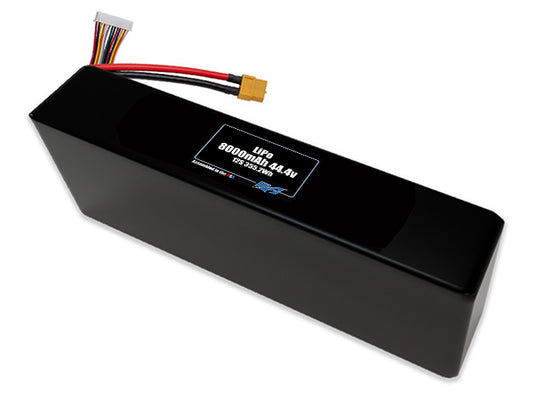 Compact 44.4-volt 8000mAh end-to-end lithium-polymer battery, built for lightweight drone, UAV, and robotics projects.