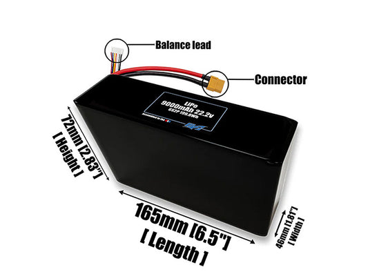 Size reference photo of the 9000mAh 22.2V LiPo pack showing 165 mm by 46 mm by 72 mm dimensions ideal for drones or robotic systems where space matters.