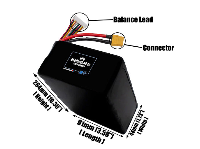 Size reference photo of the 9500mAh 44.4V LiPo pack showing 91 mm by 44 mm by 264 mm dimensions ideal for drones or large robotic systems where space matters.