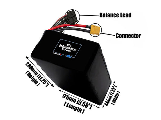 Size reference photo of the 9500mAh 48.1V LiPo pack showing 91 mm by 44 mm by 286 mm dimensions ideal for drones or large robotic systems where space matters.