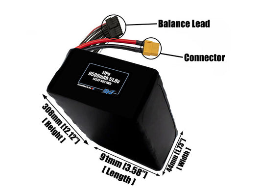 Size reference photo of the 9500mAh 51.8V LiPo pack showing 91 mm by 44 mm by 308 mm dimensions ideal for drones or large robotic systems where space matters.