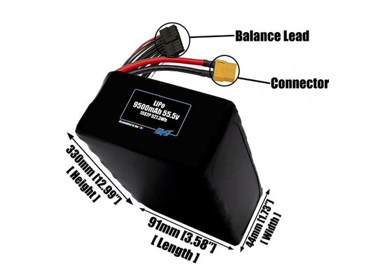 Size reference photo of the 9500mAh 55.5V LiPo pack showing 91 mm by 44 mm by 330 mm dimensions ideal for drones or large robotic systems where space matters.