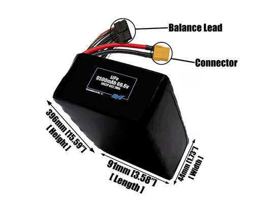 Size reference photo of the 9500mAh 66.6V LiPo pack showing 91 mm by 44 mm by 396 mm dimensions ideal for drones or large robotic systems where space matters.