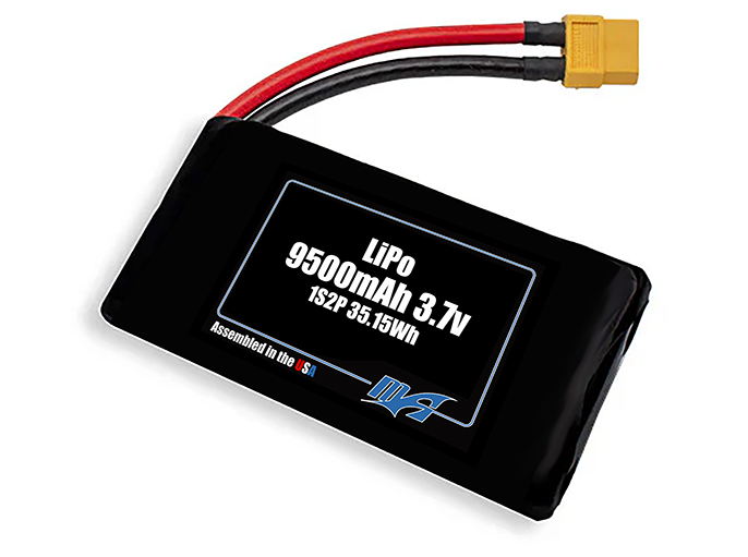 Compact 3.7-volt 9500mAh lithium-polymer battery, built for lightweight drone, UAV, and robotics projects.