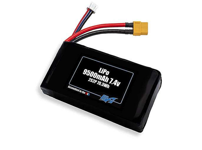 Compact 7.4-volt 9500mAh lithium-polymer battery, built for lightweight drone, UAV, and robotics projects.
