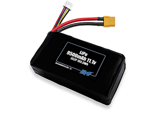 Compact 11.1-volt 9500mAh lithium-polymer battery, built for lightweight drone, UAV, and robotics projects.